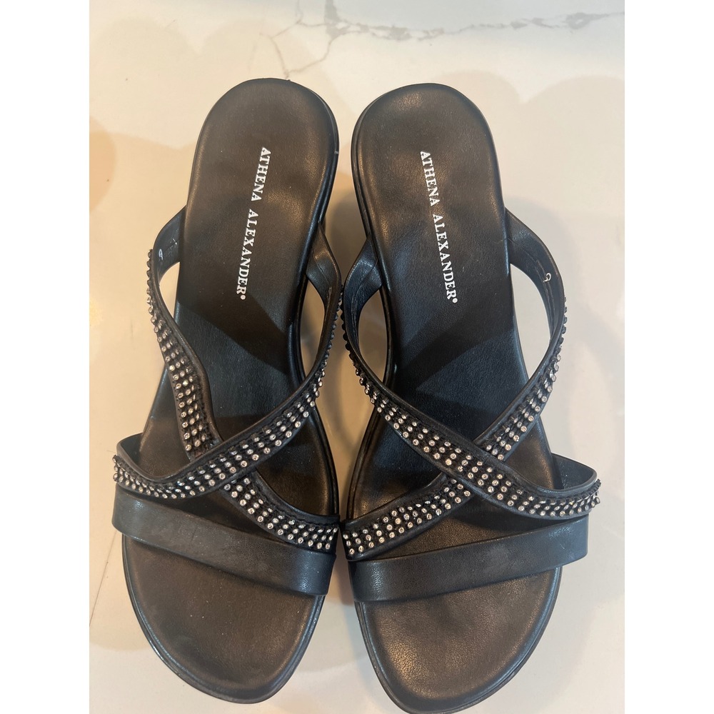 Athena Alexander Womens Black Rhinestone Strappy Wedge Sandals Size 9‎